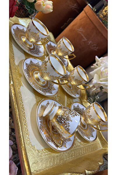 hediye Esterhomedecor 6-Person Porcelain Coffee Cup Set White Gold