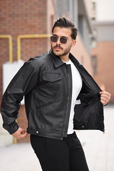 ByTrend Cep Detail Stand Collar Faux Leather Jacket Bl 1848_50455-1