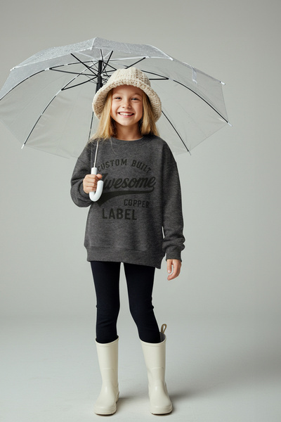 TRENDYOLKIDS Anthracite Girls'Cotton Slogan Printed Leggings-Sweatshirt Knitted Bottom - Top Set Tkdaw26Au00012
