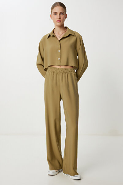Happiness İstanbul Women's Olive Green Modal Shirt Pants Set Bv00158