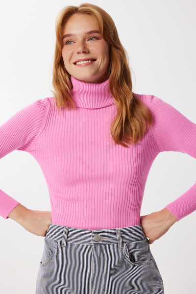 Happiness İstanbul Women's Light Pink High-Rise Ribbed Lycra Sweater DD01007