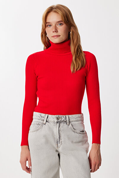 Happiness İstanbul Női, piros, magas, bordás Lycra pulóver DD01007