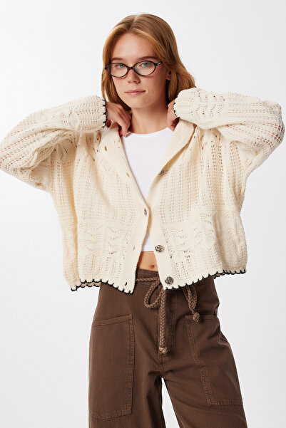 Happiness İstanbul Women's Beige Contrast Stripe Knitwear Cardigan Mx00267