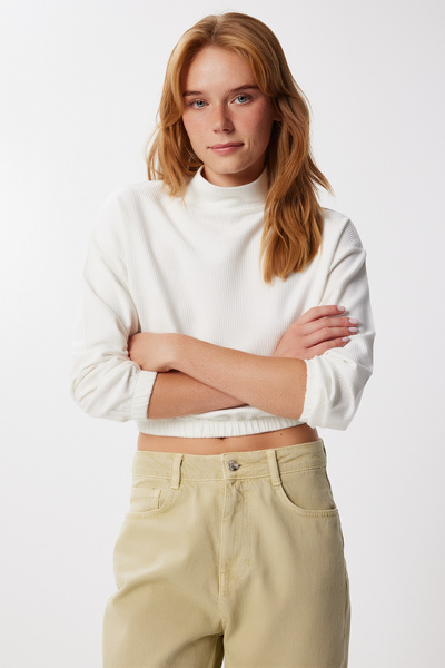 Happiness İstanbul Women's Ecru Elastic Waisted Ribbed Knitted Crop Sweater Mx00265