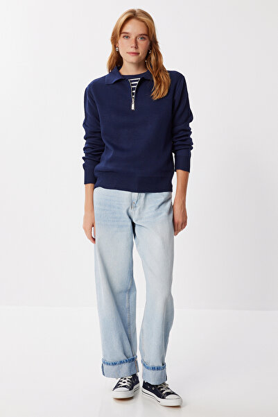 Happiness İstanbul Women's Anthracite Zippered Collar Basic Knitwear Sweater Pf00122