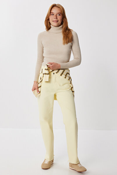 Happiness İstanbul Γυναικείο πουλόβερ Lycra με ριγέ μπεζ ζιβάγκο DD01007