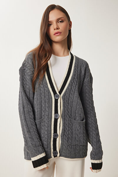Happiness İstanbul Women's Gray Contrast Color Knitted Knitwear Cardigan Yy00229