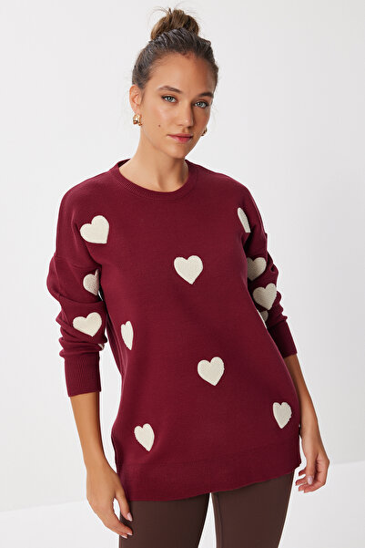 Happiness İstanbul Dámský oversize svetr z úpletu s texturou srdce v bordó barvě NX00005
