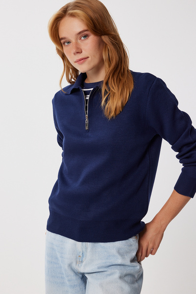 Happiness İstanbul Women's Anthracite Zippered Collar Basic Knitwear Sweater Pf00122