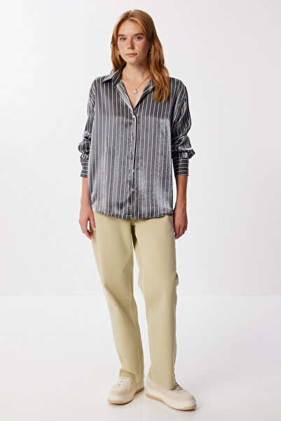 Happiness İstanbul Cămașă pentru femei, verde deschis, cu dungi, cu suprafață din satin cu sclipici FZ00005