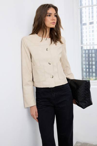 Trendyol Collection Stone Buttoned Pocket Detailed Vintage Look Woven Faux Leather Jacket Twoaw26Ce00018