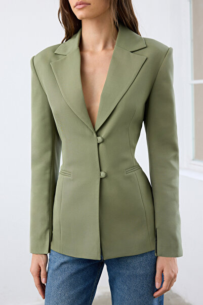 Trendyol Collection Light Khaki Fitted/Waist-Fitted Woven Blazer Jacket with Tie Detail on the Back Twoaw26Bc00032