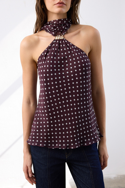 Trendyol Collection Dark Burgundy Polka Dot Halter Neck Gold Accessory Detail Woven Stylish/Night Blouse Tpraw26Bz00050