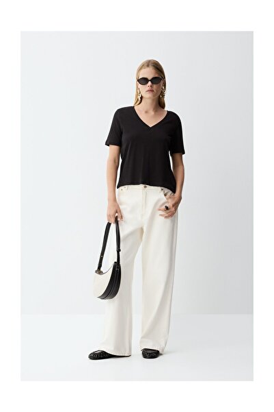 LEFTIES Γυναικείο μπλουζάκι από βαρύ βαμβάκι με λαιμόκοψη σε σχήμα V