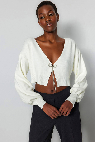 Trendyol Collection Ecru Super Crop Bow Detailní pletený cardigan - Twoaw24Hi00315