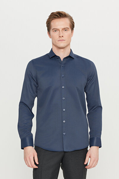 AC&Co / Altınyıldız Classics Erkek Lacivert Kolay Ütülenebilir Slim Fit Dar Kesim Italyan Yaka Armürlü Gömlek