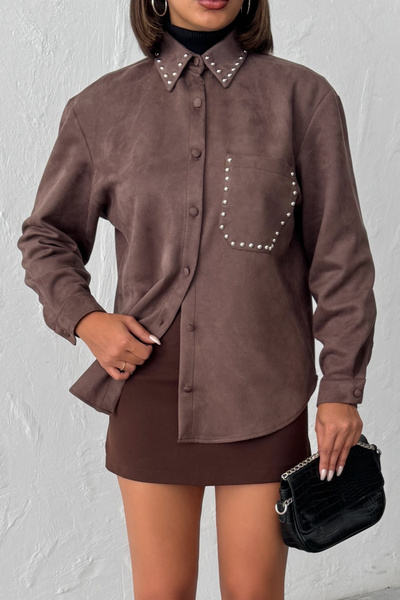 Trendyol Collection Καφέ πλεκτό σουέτ πουκάμισο με λεπτομέρεια με καρφώματα TWOAW26CE00068