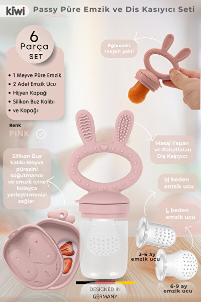 Kiwi Passy Püre Emzik ve Diş Kaşıyıcı Bebek Meyve Süzgeci+Buz Kalıbı - Rose Pink