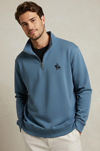 Trendyol Collection Blauer, normaler Schnitt, Stehkragen, Reißverschluss, Baumwolle, Pferde-Stickerei, Fleece-Innenseite, Sweatshirt TMNAW24SW00041