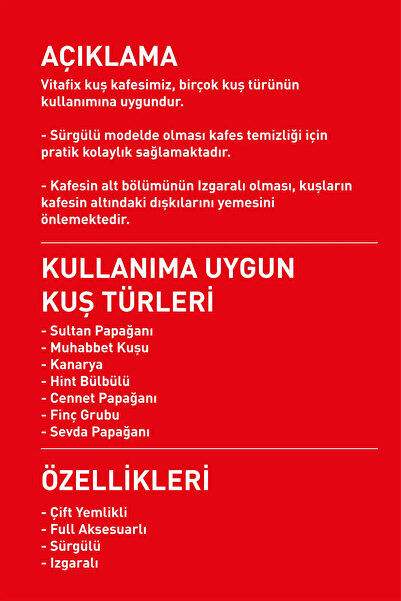 Vitafix Kuş Kafesi - Çift Kapılı, Çift Yemlikli, Full Aksesuarlı Kafes - 48cm(Y) - 35cm(G) - 25cm(D)