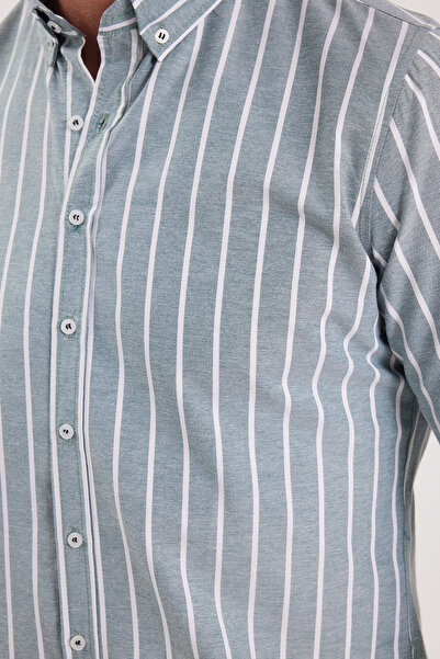 Tudors Slim Fit Uzun Kollu Çizgili Yaka Düğmeli Erkek Gömlek