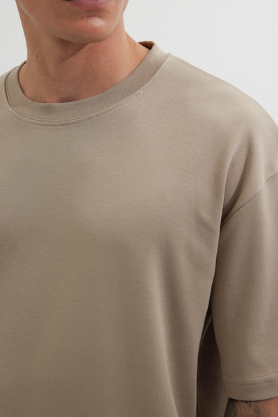 Tudors Μπλουζάκι Unisex Oversize Wide Cut 100% βαμβακερό μαλακό με υφή Basic Crew Neck Beige T-shirt