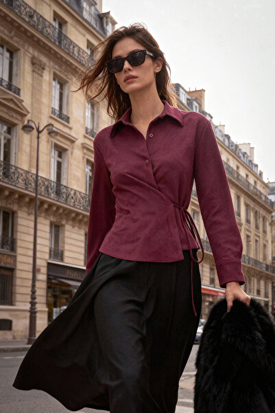 Trendyol Collection Cămașă din piele intoarsa cu detaliu de legare prune TWOAW26GO00041