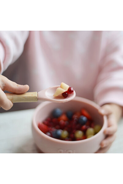 OiOi Bamboo Handle Silicone Feeding Spoon Set of 2 Pinky Pink Powder Gray