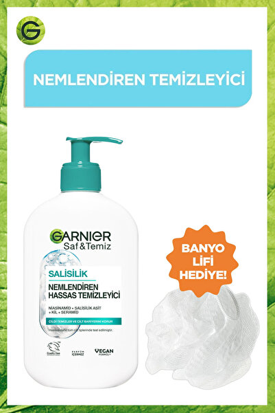Garnier Saf&Temiz Nemlendiren Temizleyici [Hyaluronik Asit Seramid Kil] 250 ml Yüz Temizleme Jeli+ Duş Lifi