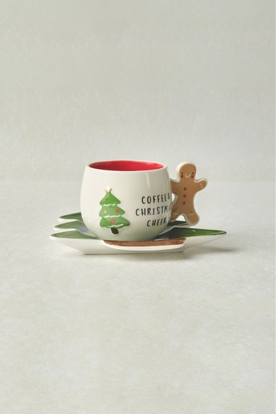 Karaca New Year Teacup 180 ml and Pine Tree Saucer