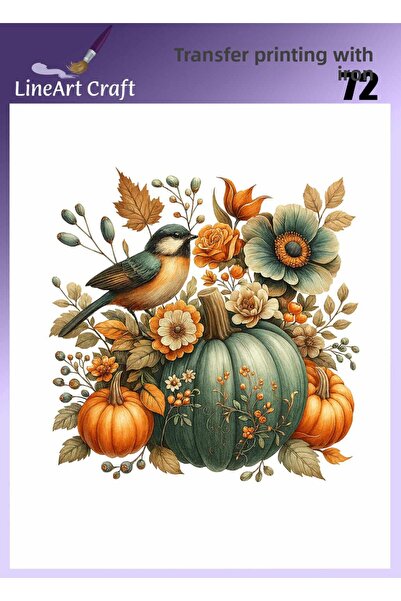 LİNEART Pumpkin Pattern with Birds Iron-On Transfer Printing & Fabric Transfe...