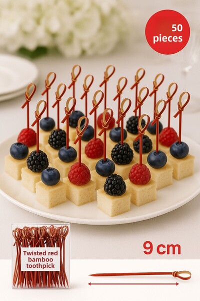 Open Home Concept مسواك من الخيزران الأحمر مع عقدة - 9 سم، عصا عرض أنيقة للحفلات والكوكtail (عبوة من 50 قطعة)