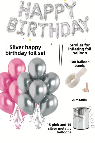 Baloncu Nene Happy Birthday Foil Set Pink Silver Balloon Party Birthday Decoration Set