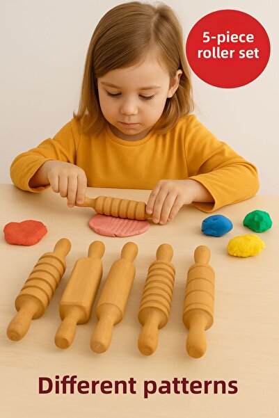 TOYFEST Wooden 5-Piece Roller Set – Natural Hornbeam, Child-Friendly, Suitable for Play Dough and Food