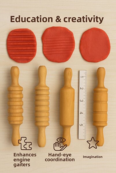 TOYFEST Wooden 5-Piece Roller Set – Natural Hornbeam, Child-Friendly, Suitable for Play Dough and Food