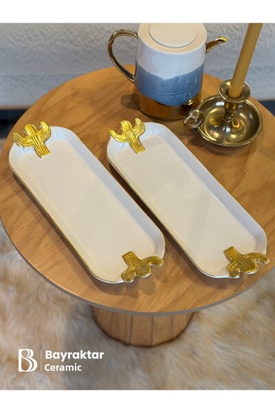 Bayraktar Seramik Gilded Set of 2 Cactus Patterned Presentation Plates 35 X 12 X 2.5 cm