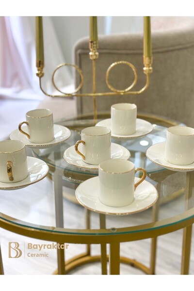 Bayraktar Seramik Gilded 6-Piece Porcelain Turkish Coffee Cup Set 90 ml