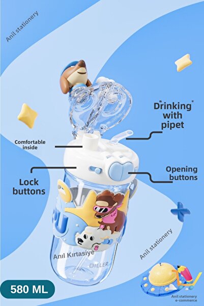 Vagonlife Diller Double Use with Straw/Comfortable Drinking Neck Hanger Cute Dog 580 ml