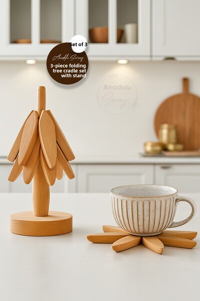 Anadolu Saray Set of 3 Bamboo Tree Trivets with Stand, Heat Resistant Folding Trivets for Cups and Pots