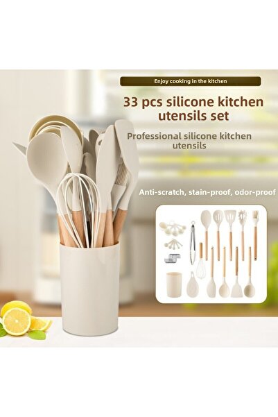 Polham Professional Full Set 33 Pieces Bpa Free Silicone Kitchen Serving Set with Wooden Handle, Serving and Kev