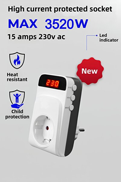 Ecuy مقبس حماية من التيار الفردي مع شاشة رقمية 15 أمبير 3520 وات حماية من زيادة الجهد معتمدة من CE