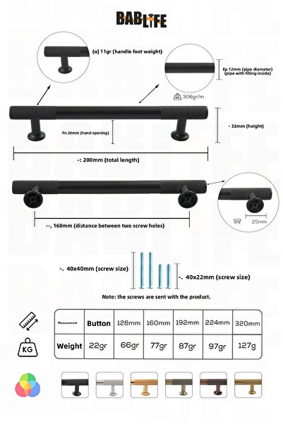 bablife Vetra Negru Mat 160mm Metal Sertar de lux Mânere de mobilier pentru dulap