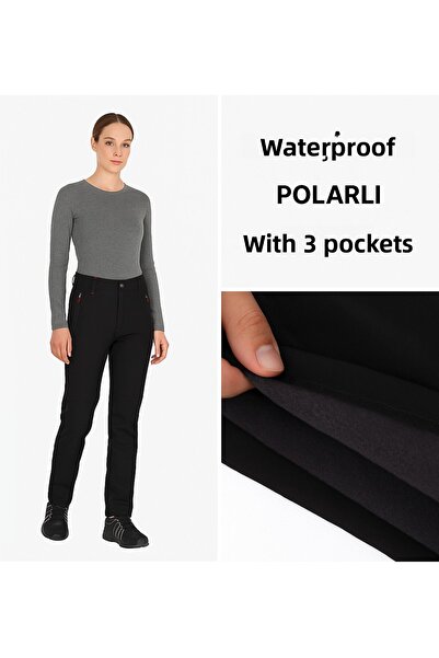 Ysf WorkWear İş Market Women's Water & Windproof Winter Self-Fleece Softshell Outdoor Trekking Pants – Black