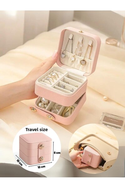 SheSee منظم مجوهرات مكون من طبقتين - منظم مجوهرات وأقراط وخاتم وقلادة للسفر