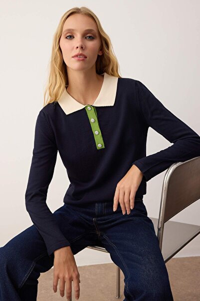 Trendyol Collection Navy Blue Polo Collar Button Detailed Sweater Sweater Twoaw26Kz00196