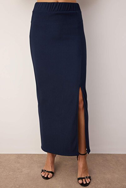 Trendyol Collection Navy Blue Accessory Detailed Carmen Collar Blouse-Skirt Knitted Bottom-Top Set Twoss25Au00134