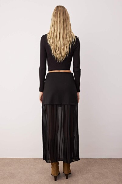 Trendyol Collection Black Tulle Pleat Detail Pencil Interlock Maxi Stretchy Knitted Skirt Twoaw26Et00048