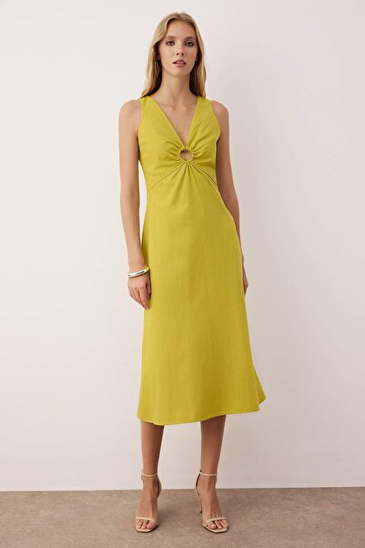 Trendyol Collection Oil Green Linen Content A-Line Midi Woven Dress Twoss25El00910