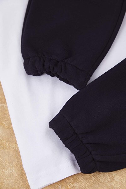 TRENDYOLKIDS Navy Blue Cotton Oversize Boys T-Shirt Pants School Knitted Bottom - Top Set Tkdaw26Au00027