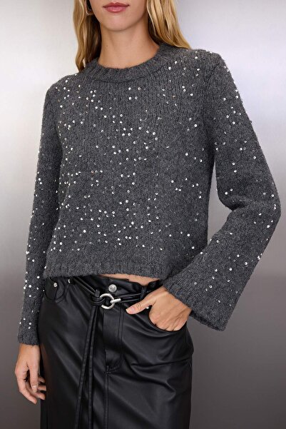 Trendyol Collection Antracit moale texturat Crop/Scurt Pulover Tricotaj brodat cu paiete Pulover TWOAW26KZ00183